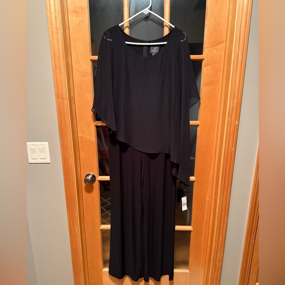 Adrianna Papell Black Matte Jersey Cape Jumpsuit